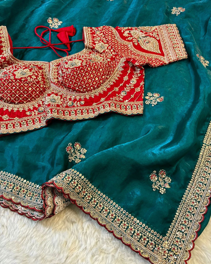 Embroidered Fendy Silk Saree with Contrasting Readymade Blouse – Jyoti Sarees Exclusive