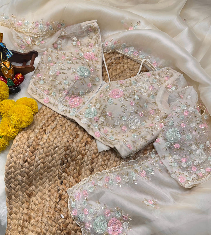 Mausam Fabric Saree with Pastel Floral Embroidery & Readymade Designer Blouse