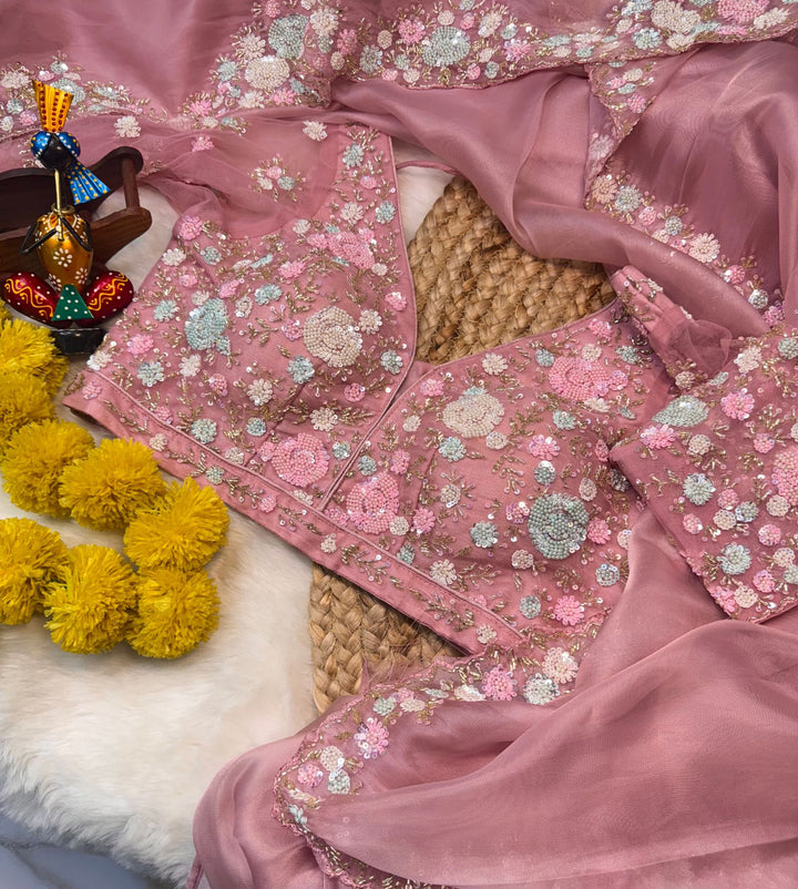Mausam Fabric Saree with Pastel Floral Embroidery & Readymade Designer Blouse