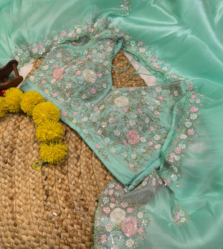 Mausam Fabric Saree with Pastel Floral Embroidery & Readymade Designer Blouse