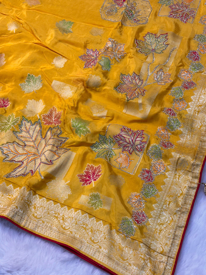 Mustard Yellow HO Silk Saree with Multicolour Leaf Motifs & Stone Embellishments