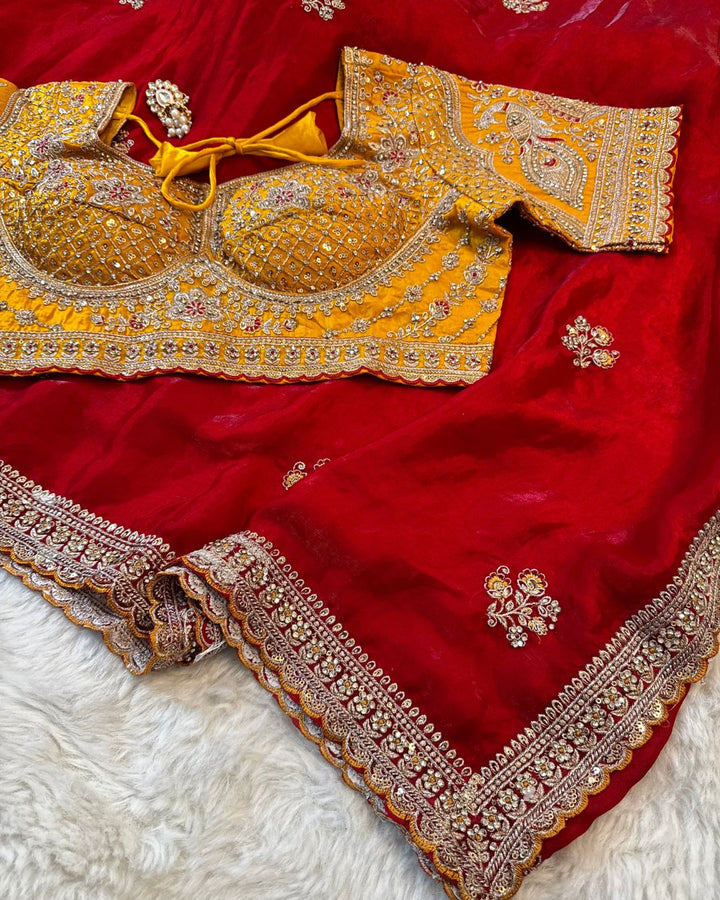 Embroidered Fendy Silk Saree with Contrasting Readymade Blouse – Jyoti Sarees Exclusive