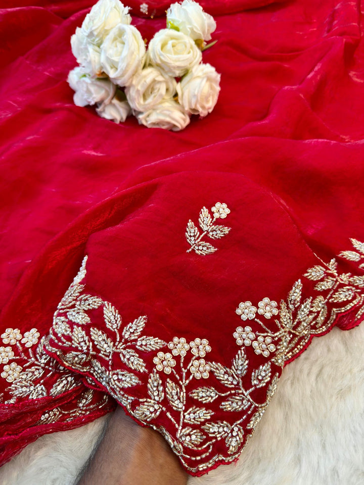 Red Fendy Silk Saree with Pearl & Zari Floral Embroidery