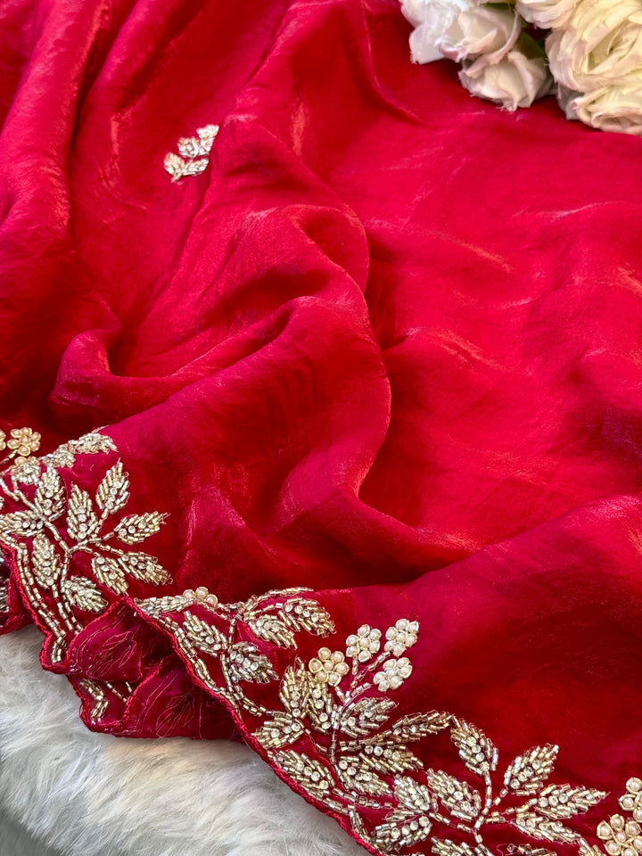 Red Fendy Silk Saree with Pearl & Zari Floral Embroidery