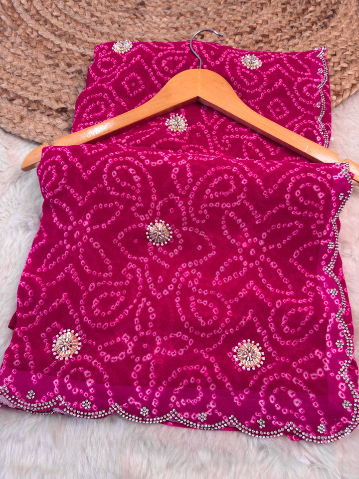 Chunri Print Saree with Beads & Scalloped Border – Rani Pink