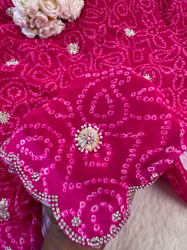 Chunri Print Saree with Beads & Scalloped Border – Rani Pink