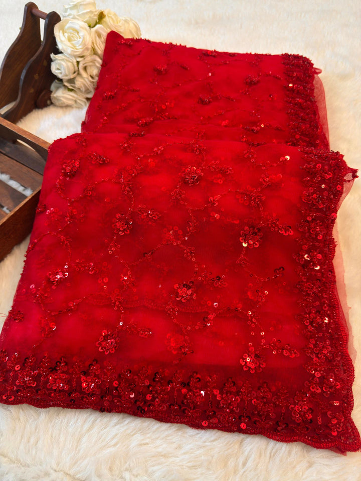 Designer Net Saree with Sequin Floral Embroidery & Scalloped Border