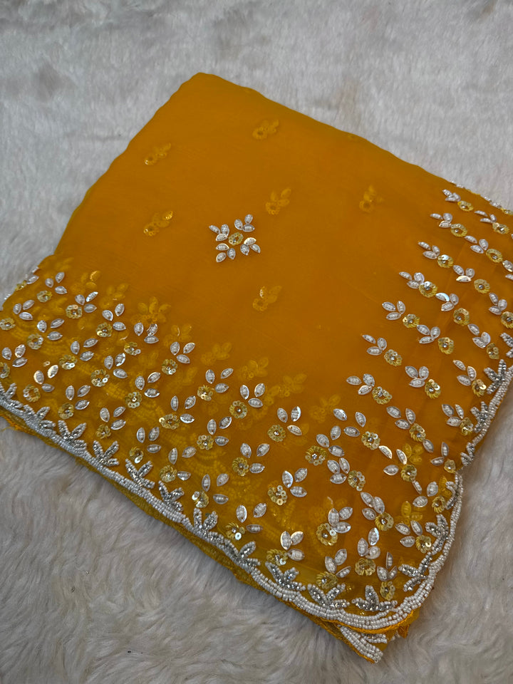 Embroidered Premium Waree Chiffon Saree with Floral Cutdana Border – Jyoti Sarees Exclusive