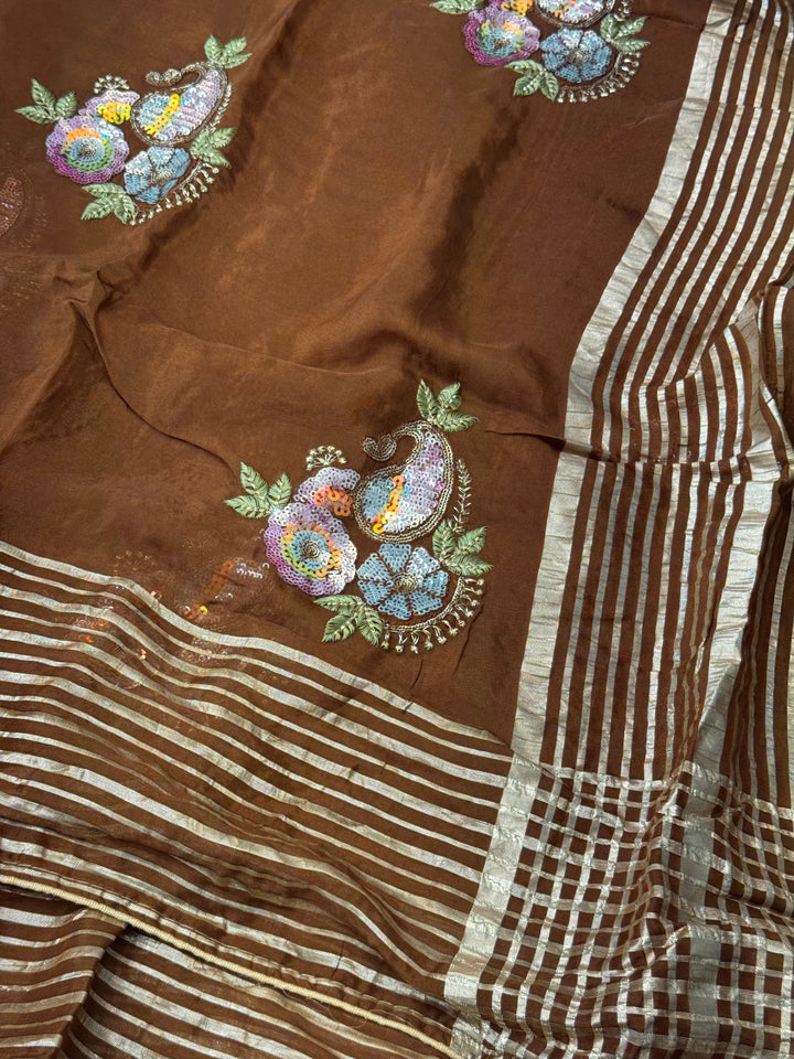 HO Silk Saree with Floral Sequin Embroidery & Zari Striped Border
