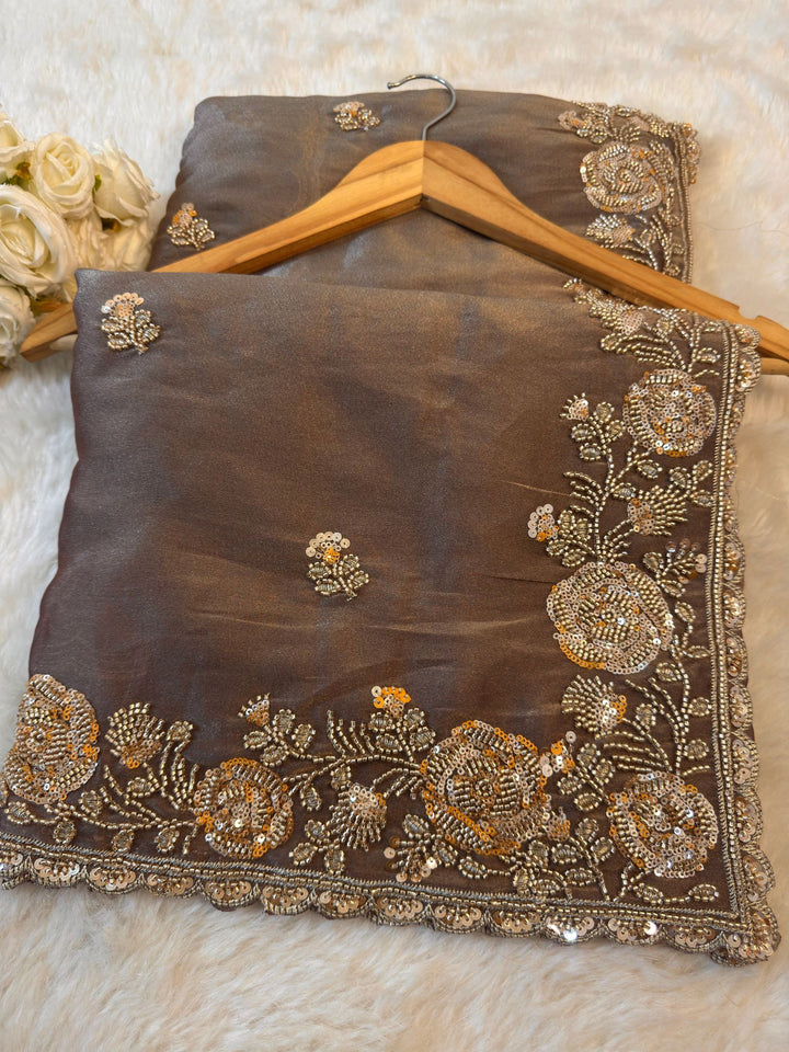 Galaxy Silk Saree with Sequin Floral Embroidery & Scalloped Border