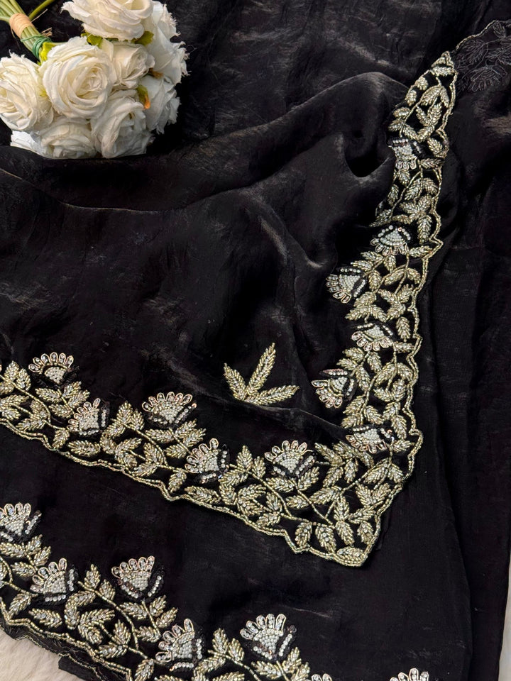 Fendy Silk Saree with Pearl-Zardozi Leaf Embroidery & Heavy Borde