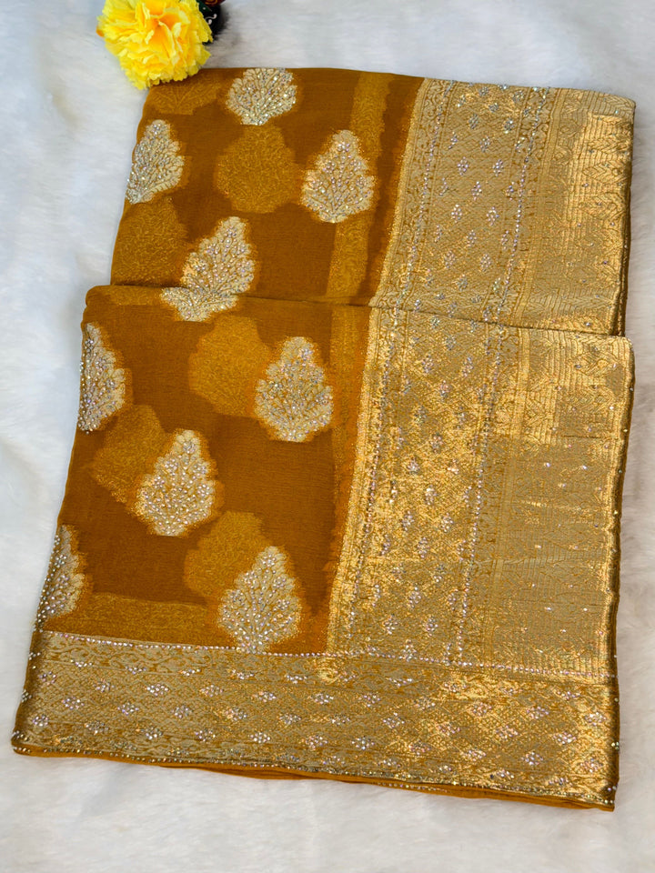 Khaddi Georgette Butti Saree with Zari Border & Sparkling Embellishments
