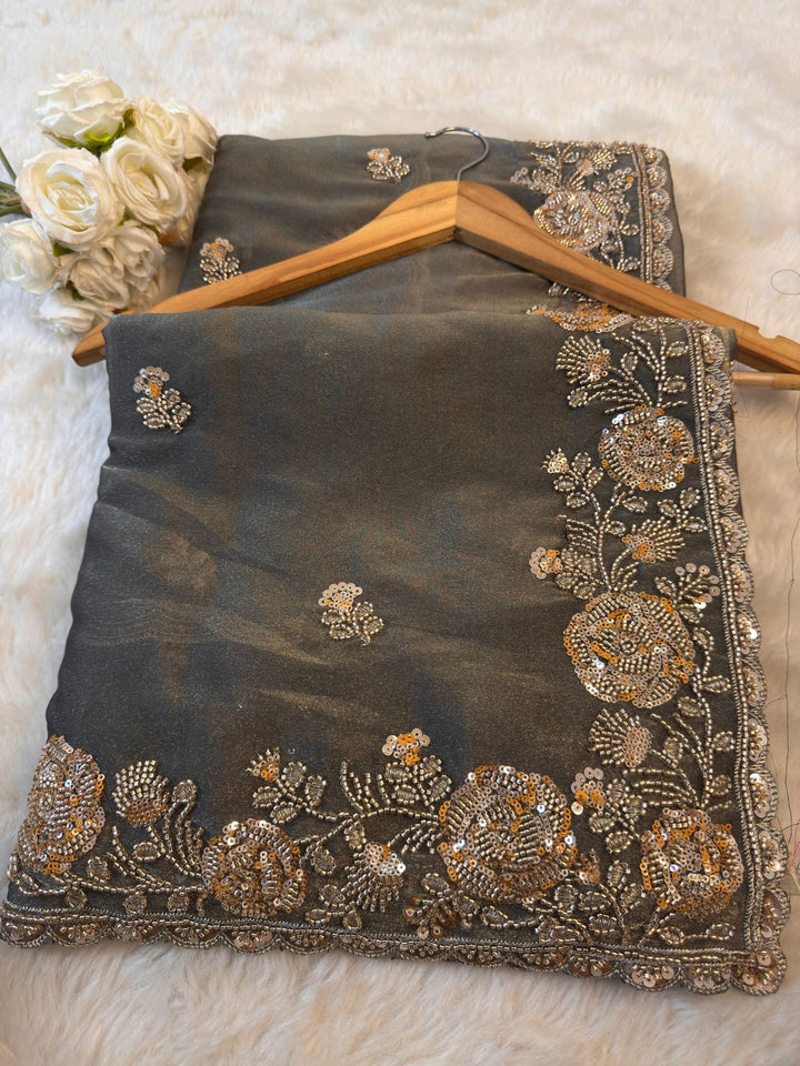Galaxy Silk Saree with Sequin Floral Embroidery & Scalloped Border