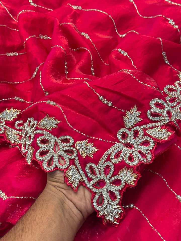 Fendy silk saree with gota ring floral border and wavy embroidery – Jyoti Sarees