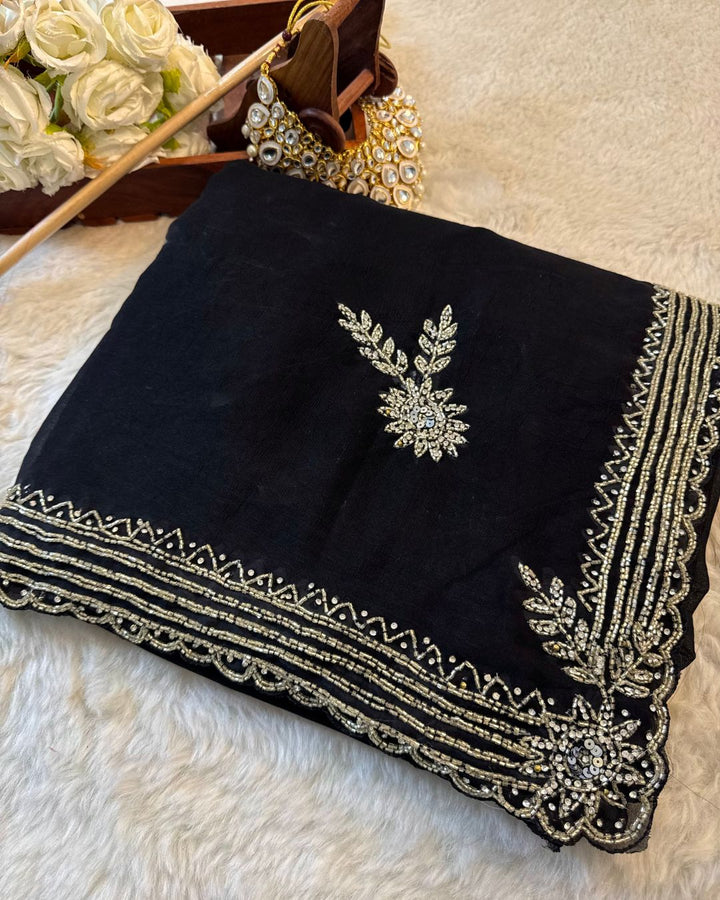 Embroidered Premium Rangoli Silk Saree with Sequin Floral Border – Jyoti Sarees Exclusive