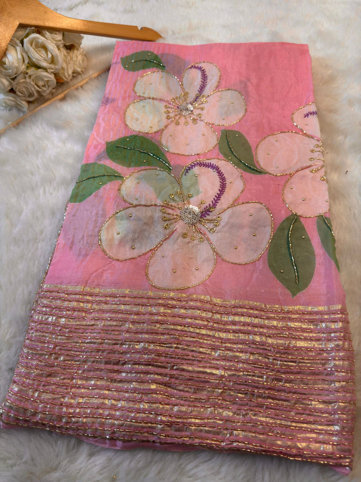 HO Silk Floral Handwork Saree with Sequin Border