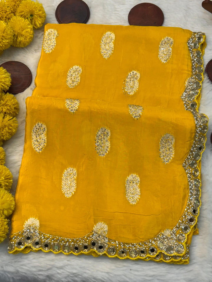 HO Silk Saree with Golden Butti Embroidery & Mirror Work Border