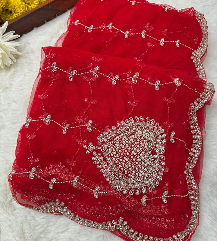 Net saree with full jaal embroidery, pearl and stone work – available in yellow, rani pink, red, peach, and lavender. Matching blouse included