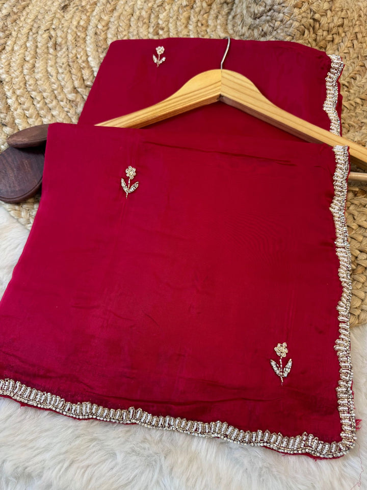 Premium HO Silk Saree with Floral Hand Embroidery & Heavy Cutdana Border