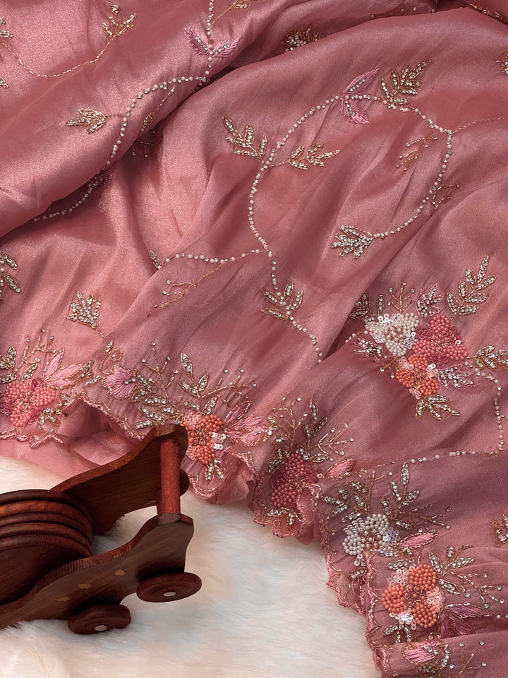 Chandaniya silk saree with floral pearl embroidery and scalloped golden border – Jyoti Sarees