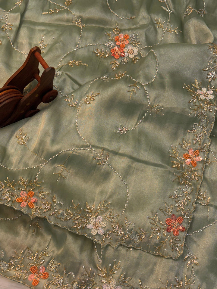 Chandaniya silk saree with floral pearl embroidery and scalloped golden border – Jyoti Sarees
