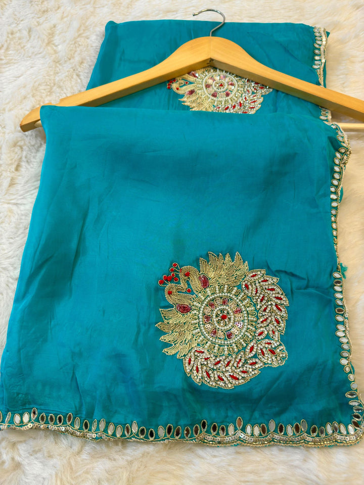 HO Silk Saree with Peacock Embroidery & Mirror Border
