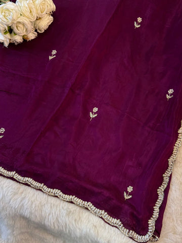 HO Silk Saree with floral hand-embroidered buttis and heavy cutdana border – available in ivory, wine, mustard, coffee, and purple with blouse piece.