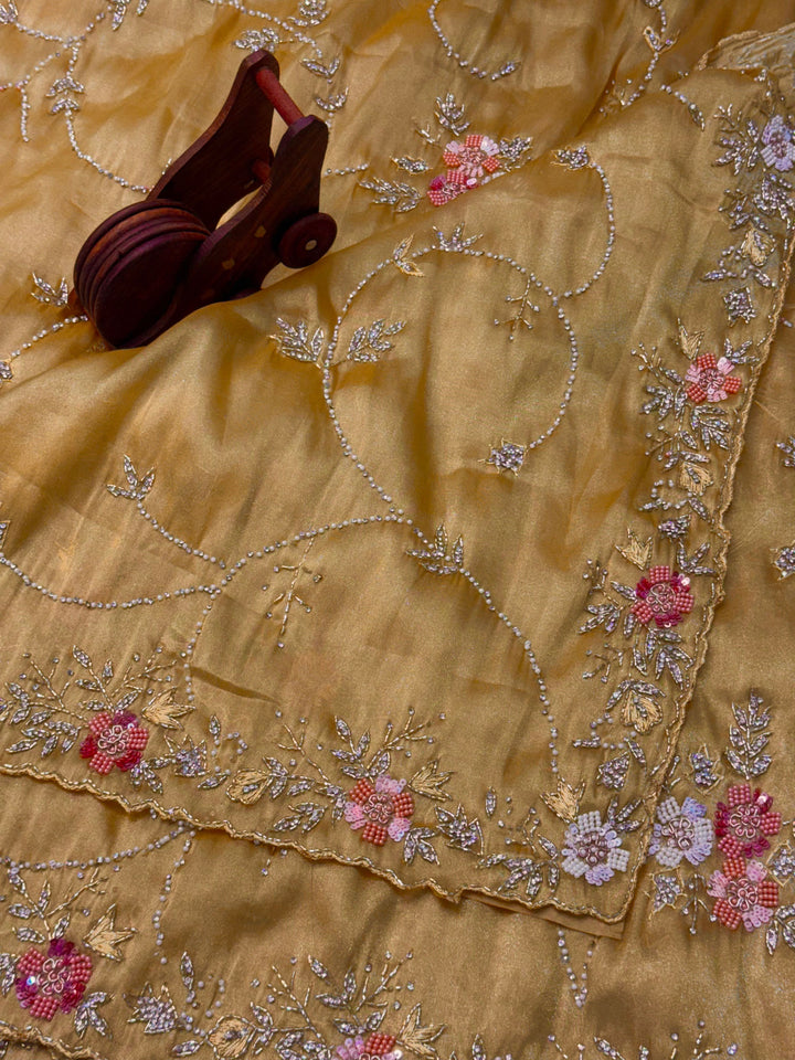 Chandaniya silk saree with floral pearl embroidery and scalloped golden border – Jyoti Sarees