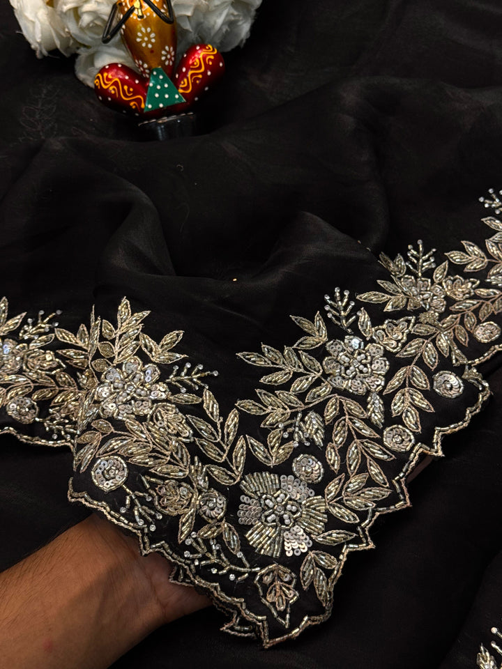 Premium saree with antique gold floral embroidery, scalloped border, and designer blouse – Jyoti Sarees
