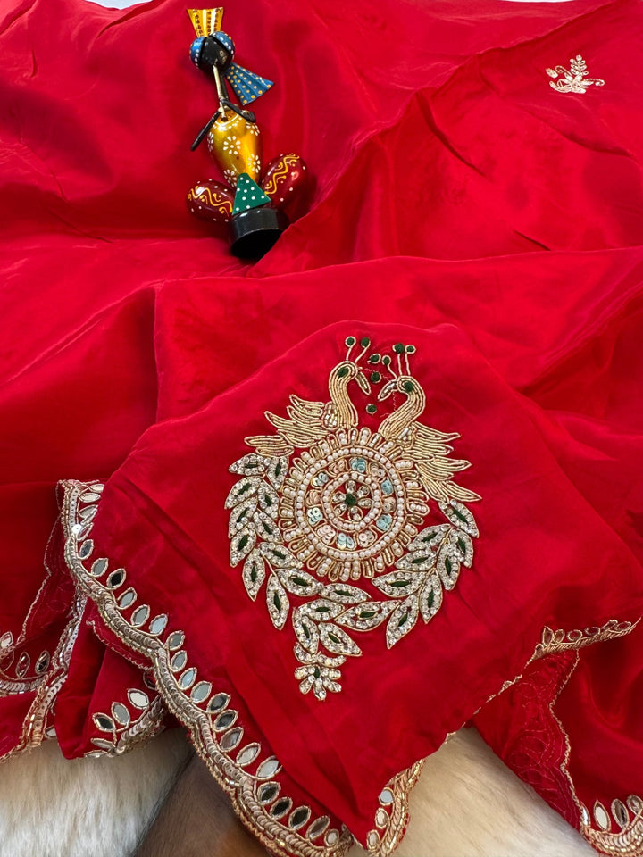 HO Silk Saree with Peacock Embroidery & Mirror Border