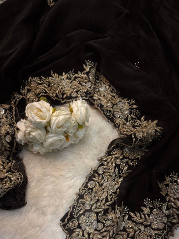 Premium saree with antique gold floral embroidery, scalloped border, and designer blouse – Jyoti Sarees