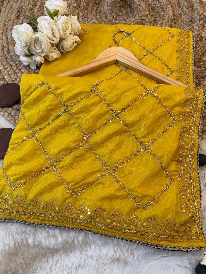 yellow Special Crunchy Silk Saree with Diamond Sequin Embroidery & Tassel Border