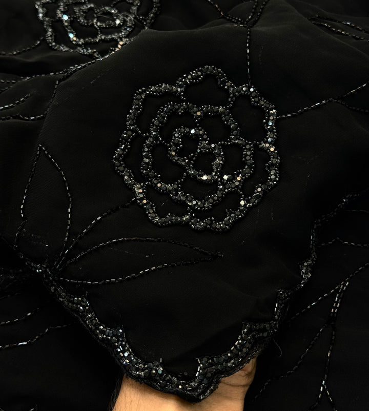 Black georgette saree with floral cutdana and sequin work – premium designer partywear saree for women
