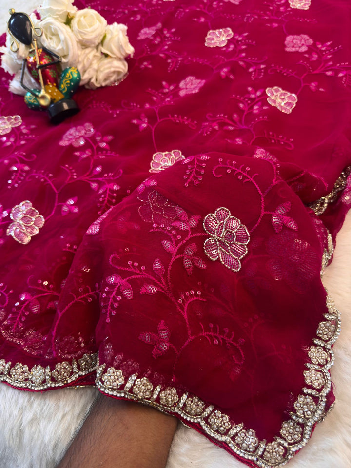 pure Chiffon Saree with Full Jaal Thread Work & Hand Embroidered Border