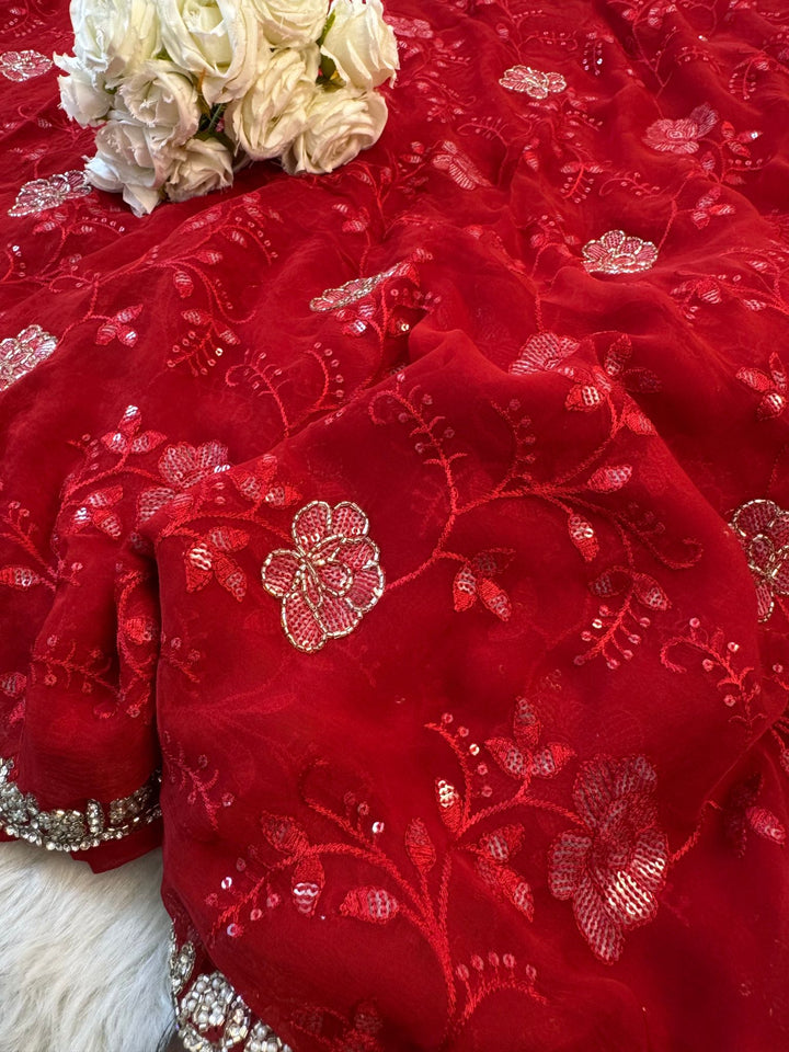 pure Chiffon Saree with Full Jaal Thread Work & Hand Embroidered Border