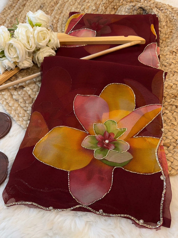 Printed Floral Saree Collection with Pearl Border & Designer Blouse