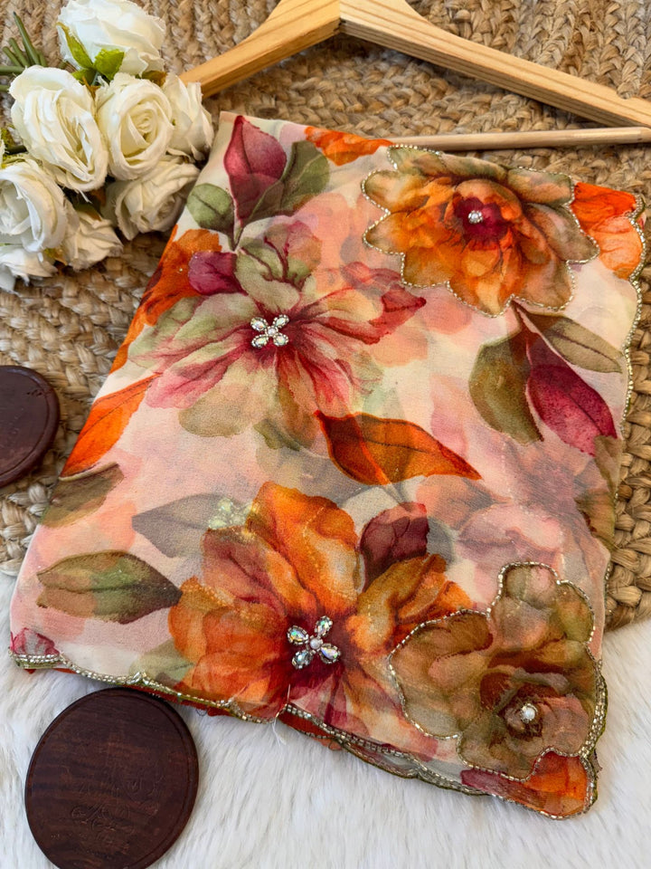Printed Floral Saree Collection with Pearl Border & contrast blouse