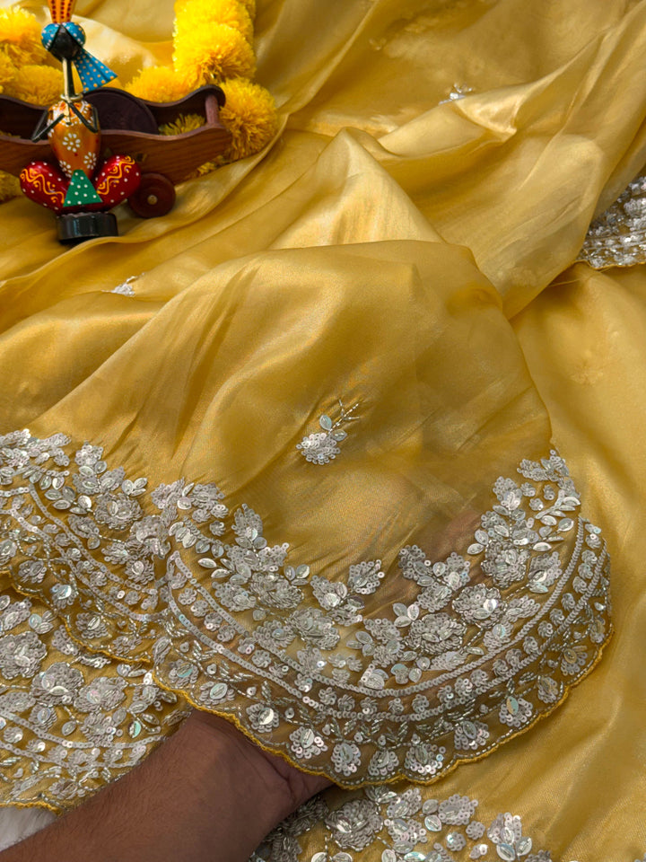 Onyx silk saree with heavy floral sequin embroidery and scalloped border – Jyoti Sarees