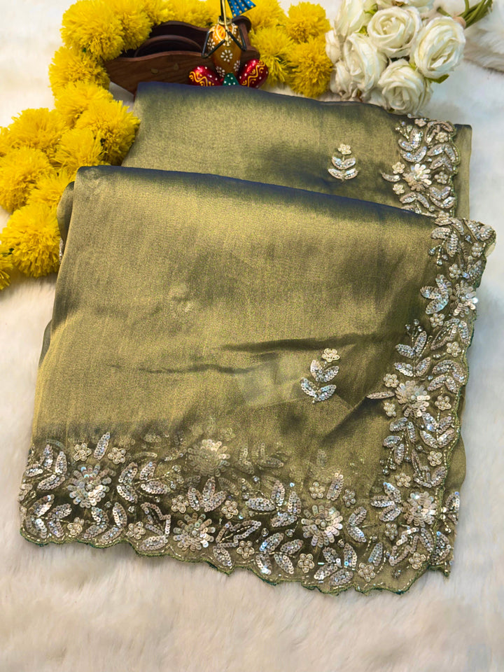 Olive Green Zari Silk Saree with Heavy Embroidered Border