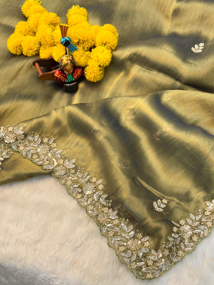 Zari art silk saree in olive green with sequin floral embroidery, scalloped border, and matching blouse – Jyoti Sarees
