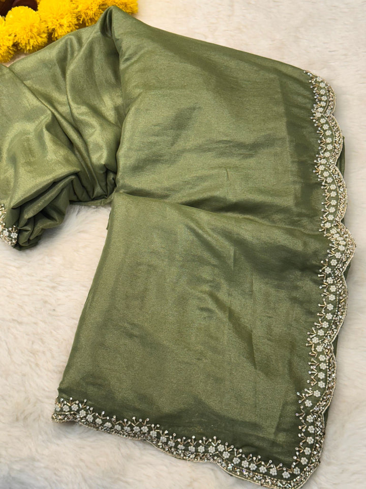 Premium Chocolate Rape Fabric Saree – Scalloped Floral Bead