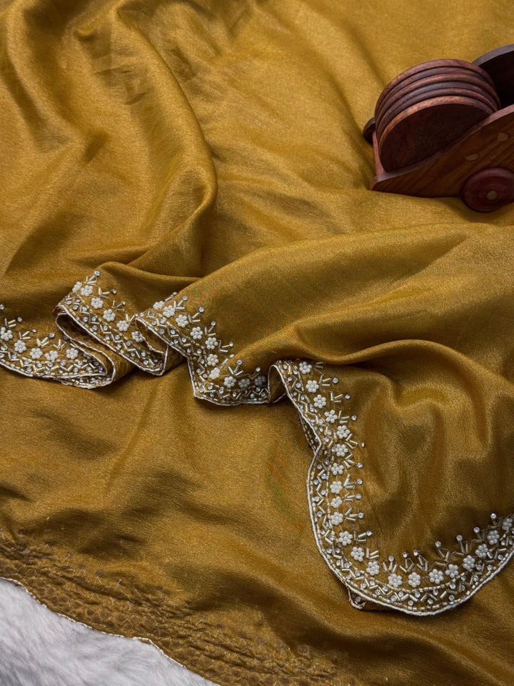 Premium Chocolate Rape Fabric Saree – Scalloped Floral Bead