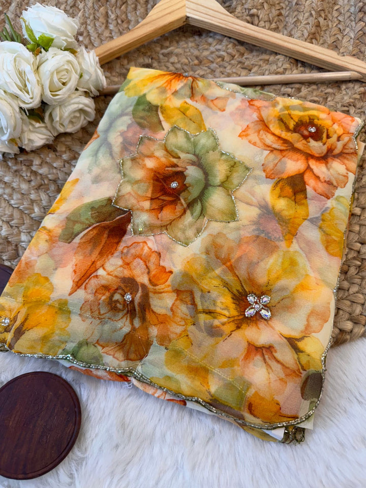 Printed Floral Saree Collection with Pearl Border & contrast blouse