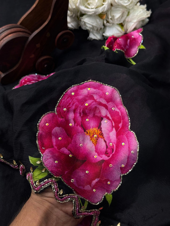Chinon Floral Saree with Pink Rose Prints & Zigzag Embroidered Border