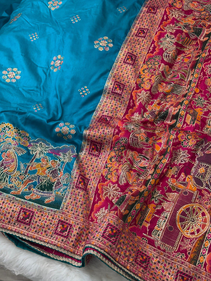 🪔 Premium Silk Saree with Radha Krishna Pallu & Traditional Woven Motifs