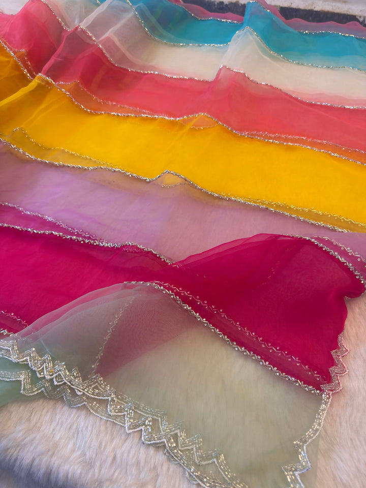 Multicolor saree with silver scalloped border in pastel and bright shades – perfect party and festive wear