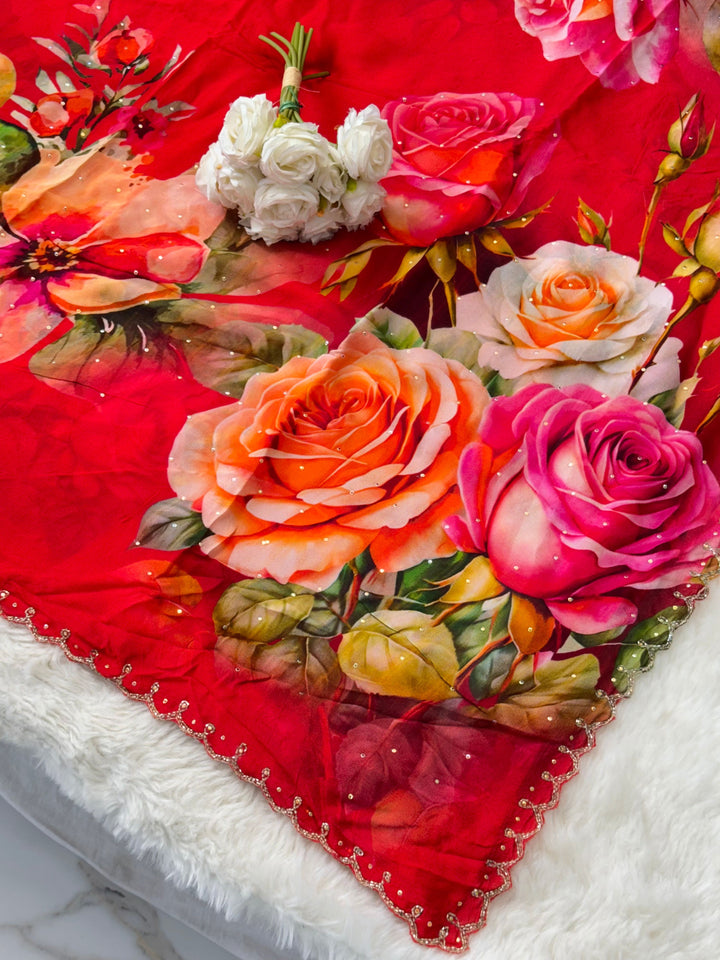 Chinon Saree with Multicolor Bold Rose Floral Print