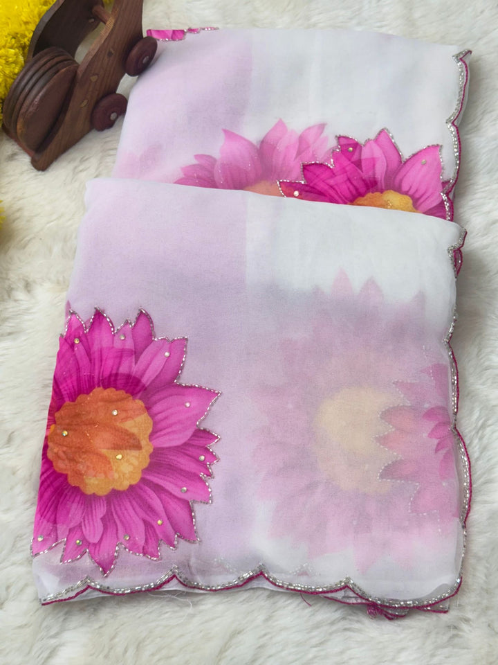 Floral Printed Lightweight Saree with Scalloped Border & Stone Highlights