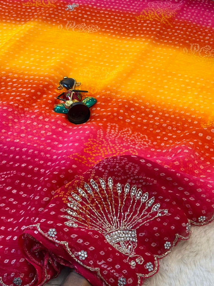 Premium Waree Chiffon Chunri Print Saree with Handwork Border