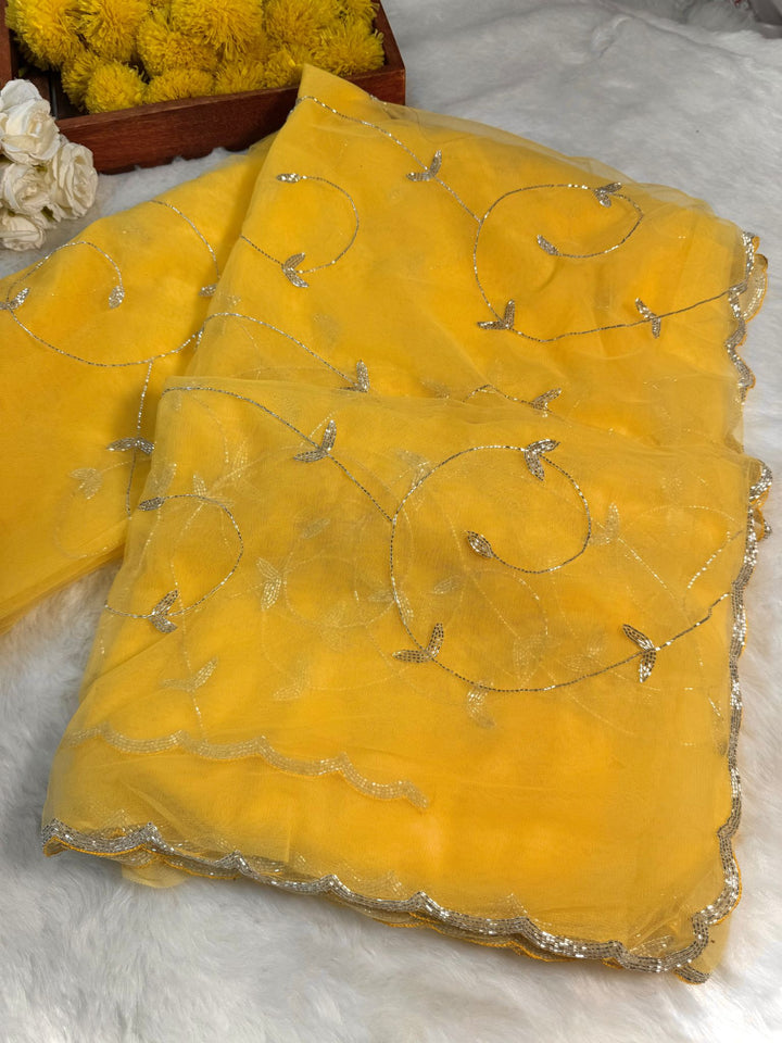 yellow Net Saree with Cutdana Handwork and Scalloped Border – Jyoti Sarees